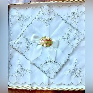 Vintage Switzerland Hankies Handmade Trimmed in Silver Thread Two Sheer …​​​​​​​